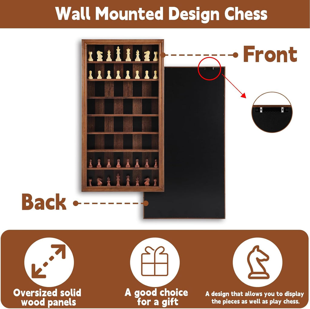 Giant Wall Mounted Chess Board Set, Wooden Wall Chess Board with 32 Carved Chess Pieces, Chess Wall Art Vertical - Set of 32
