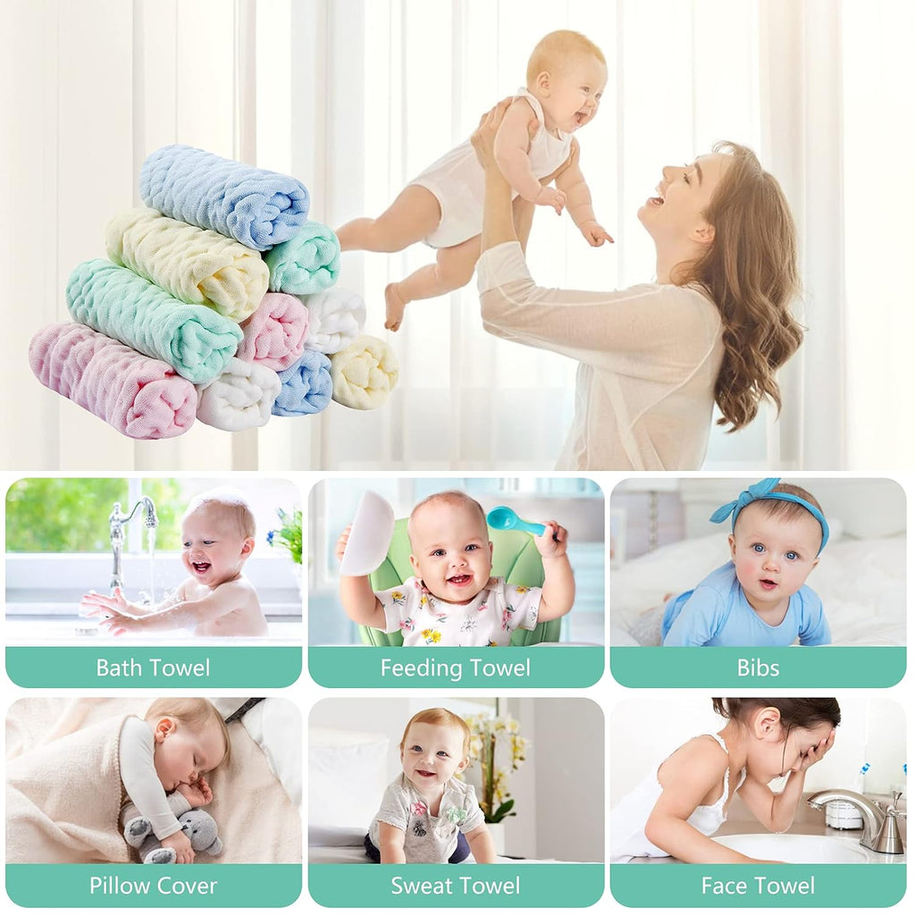 Soft Newborn Essentials - Muslin Washcloths & Towels for Sensitive Skin - 10 Pack, 10x10 Inches - Baby Register