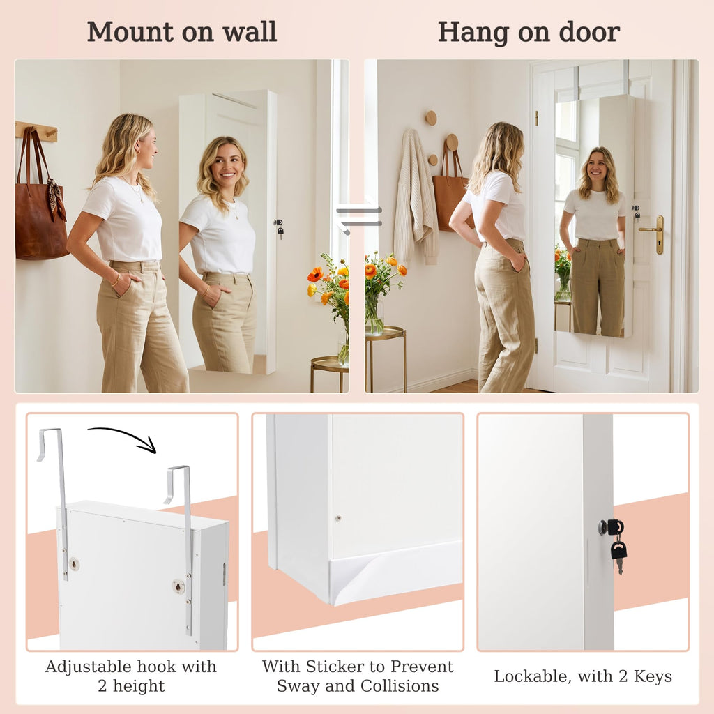 Lockable Mirror Jewelry Cabinet LED Lights Wall Mount White