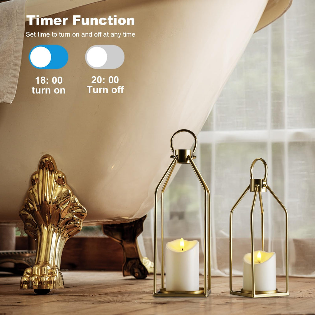Modern Farmhouse Gold Metal Lanterns 2PCS with Flameless Candle