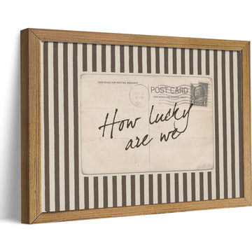 How Lucky Are We Wall Art, Wood Framed Postcard Poster with Positive Quote, Western, Old Money Brown Striped Decor