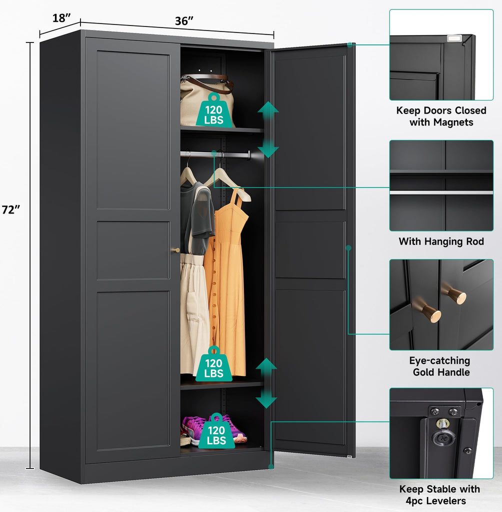 Metal Wardrobe Cabinet with Hanging Rod, Black Armoire Wardrobe Closet, Metal Clothing Storage Cabinet with Adjustable