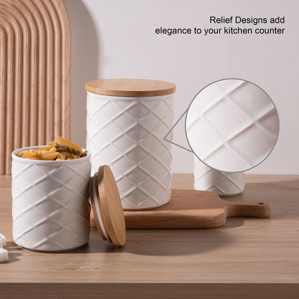 Ceramic Canisters Sets Countertop, Relief Food Storage Jar with Bamboo Lid, Stackable Container for Flour, Coffee