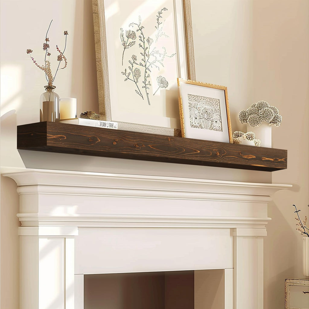 48'' Fireplace Mantel, 3'' Thick Pine Wood Floating Shelf, Brown