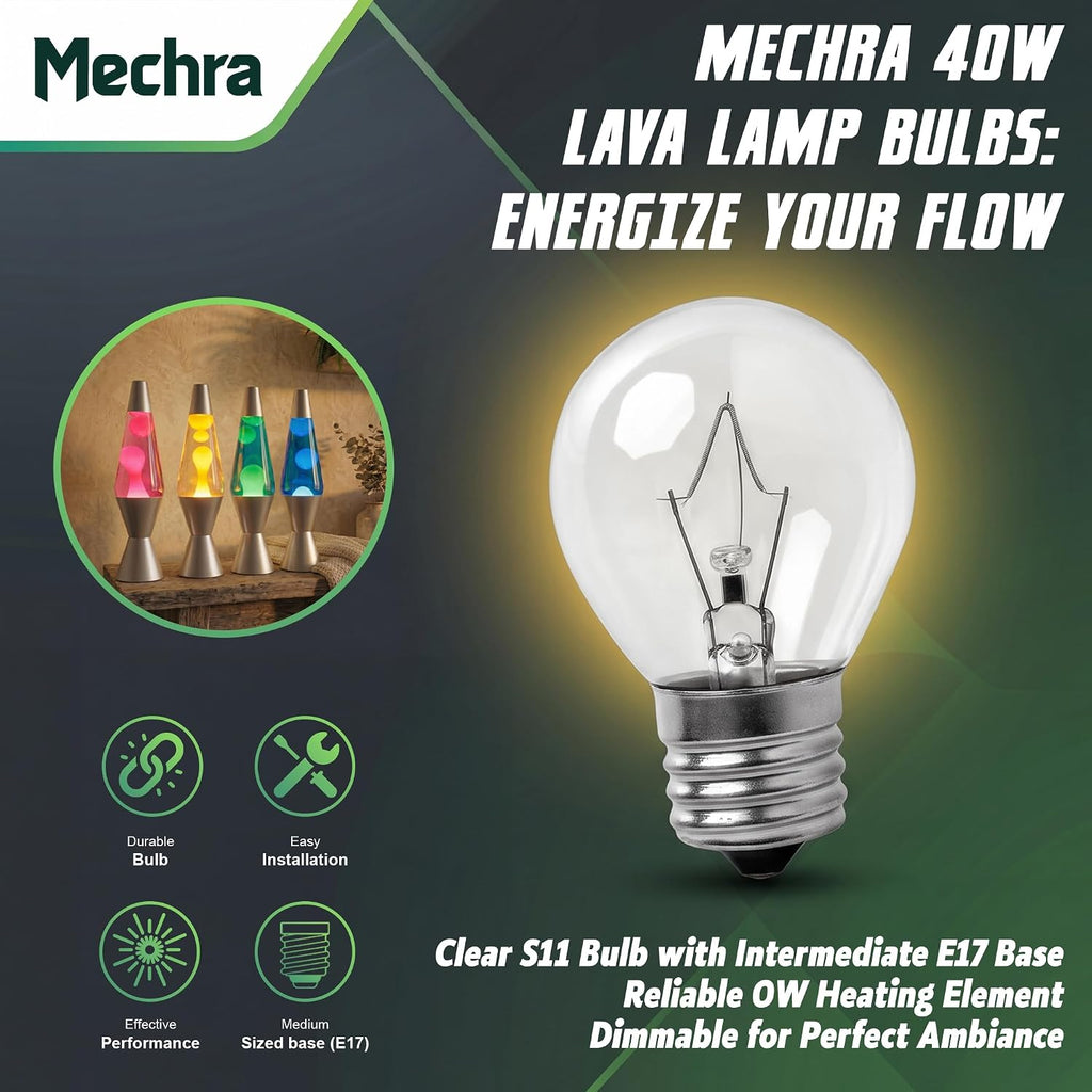 (Pack 6) S11 E17 Middle Base 40 Watt 120V Incandescent Bulbs Adjustable Warm White Light - Lava Lamp Replacement
