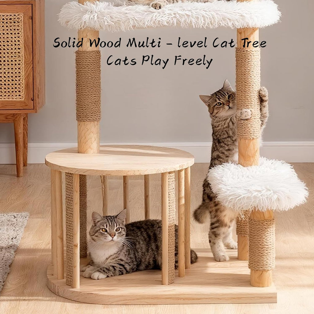 Modern Cat Tree Tower for Indoor Cats, 51" Tall Natural Solid Wooden Cat Tower with Sisal Scratching Post, Luxury Cat