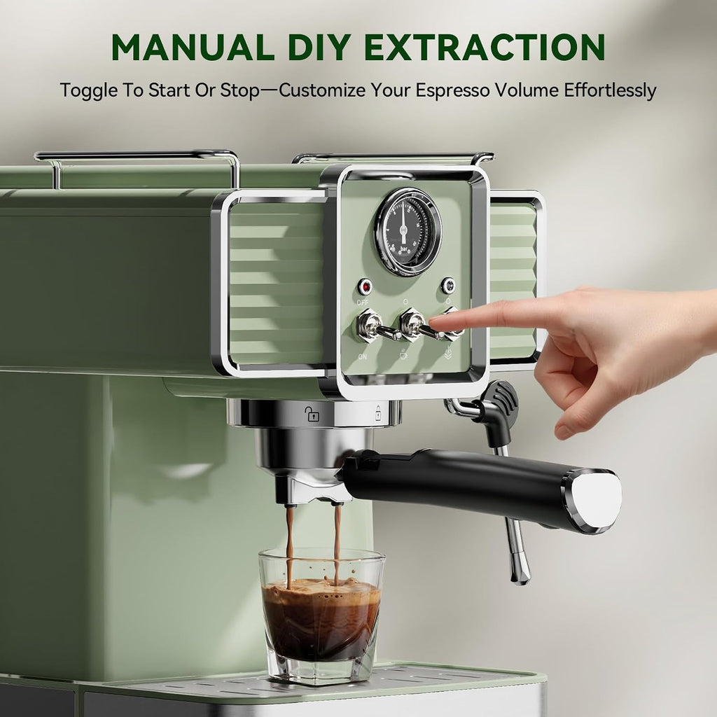 20Bar Semi Automatic Retro Espresso Machine with Milk Frother | PID Temperature Control & Visible Pressure
