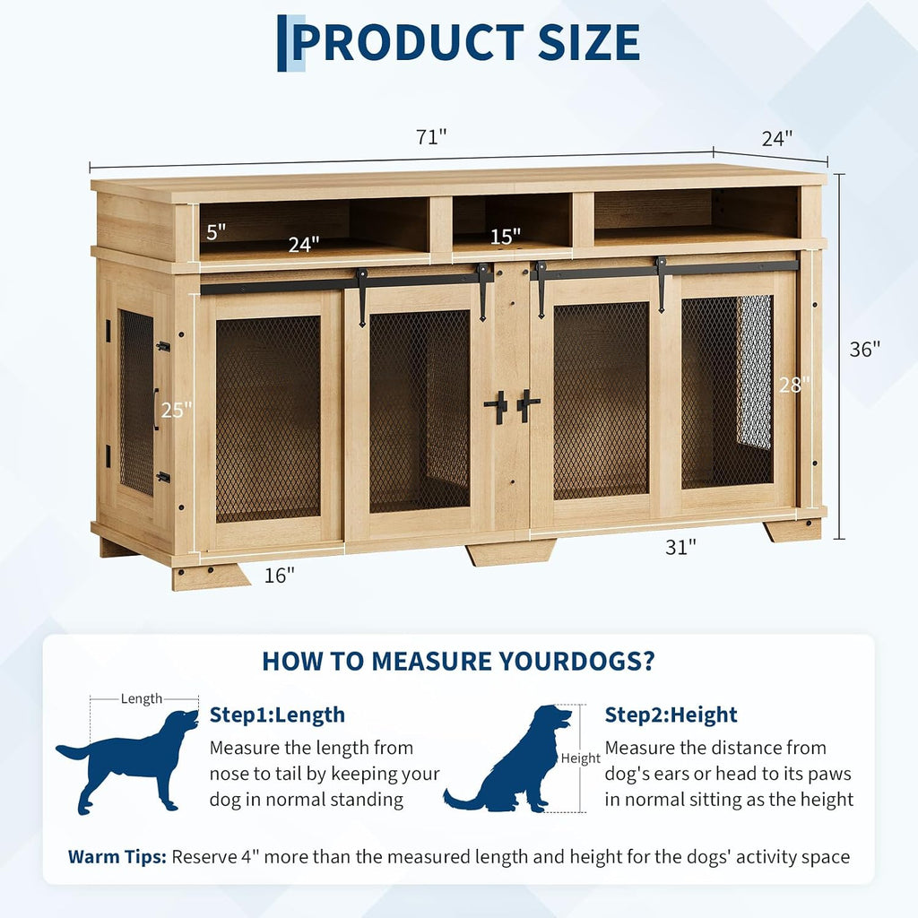 71'' Dog Crate Furniture for 2 Dogs, Extra Large Double Dog Kennel Indoor with Removable Divider and Storage Drawers