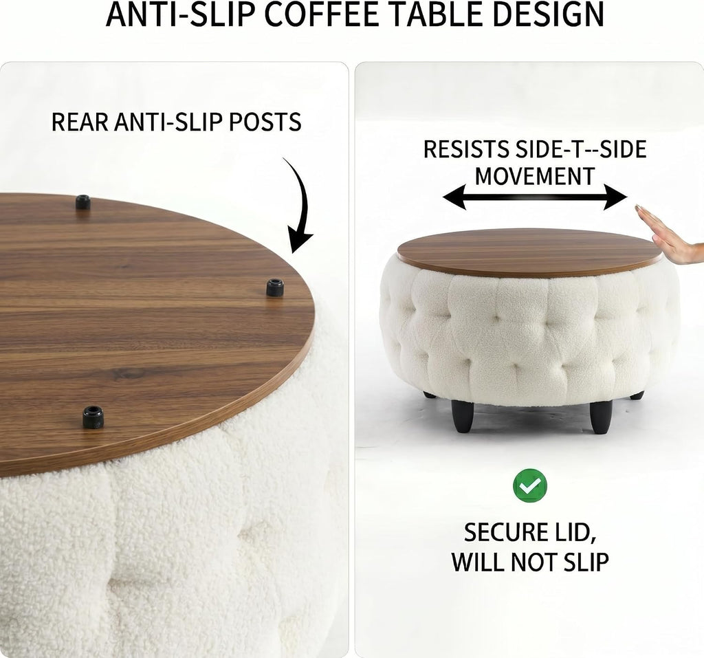 Large Round Storage Ottoman Coffee Table with Wooden Tabletop, 32 Inches Teddy Fleece Tufted Ottoman s (White)