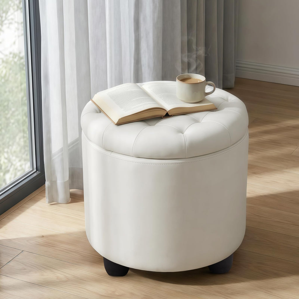 Upholstered Button Tufted Round Ottoman, PU Storage Ottoman Round, Removable Lid Convenient Footstools, Classic