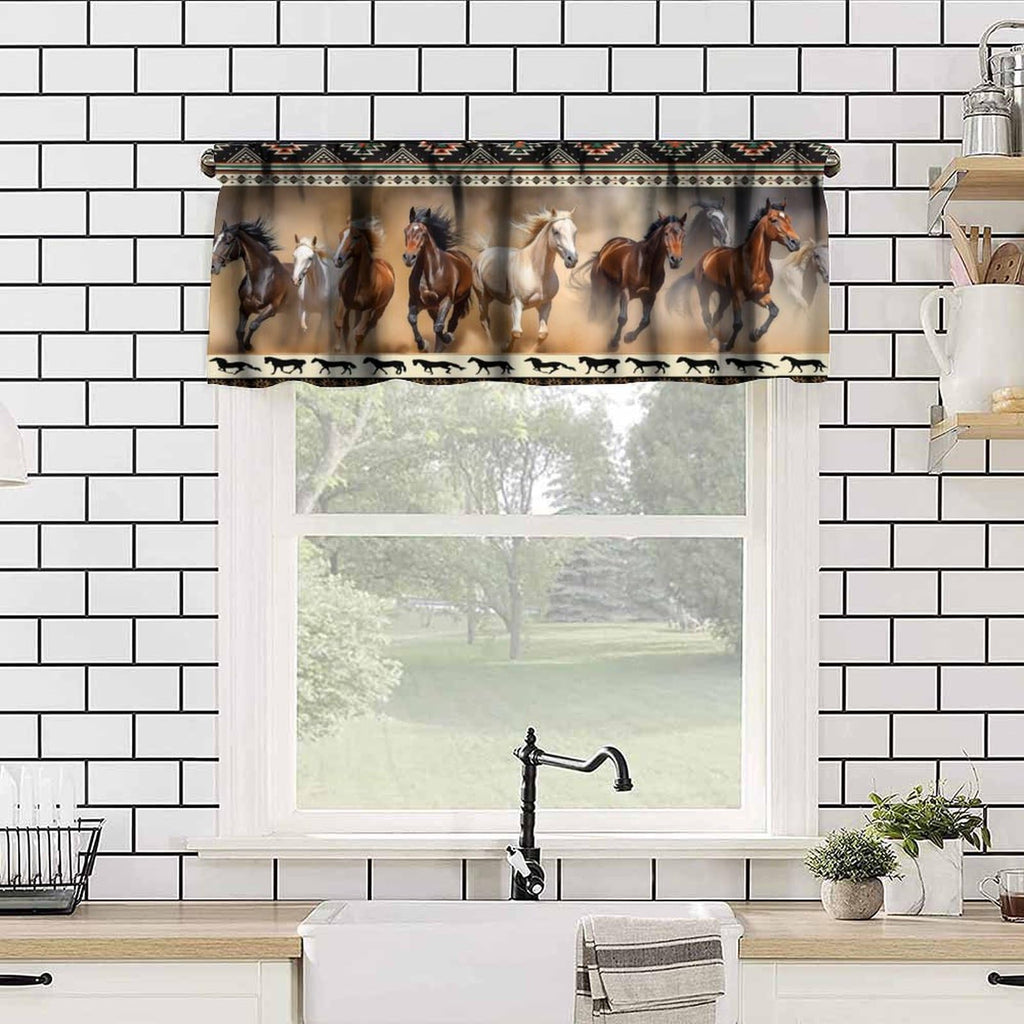 Aztec Horse Valance Curtains, Vintage Western Rustic Desert Navajo Horse Herd Running Window Short Panel Blackout