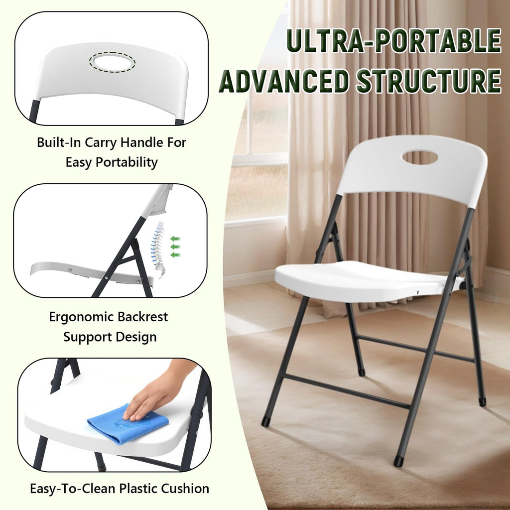 White Folding Chairs 6 Pack, Outdoor Portable Plastic Foldable Chairs with Metal Frame, 350lbs Capacity Heavy Duty