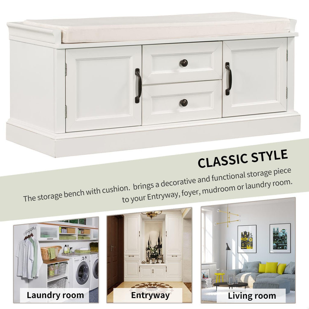 Rustic Storage Bench with 4 Doors 2 Draws Adjustable Shelves Removable Cushion Rectangular Cabinet Foot Rest Stool
