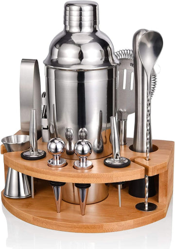 Cocktail Shaker Set with Bamboo Stand, 12-Piece 25oz Stainless Steel Bartender Kit, Martini & Margarita Bar Tools - Set of 12
