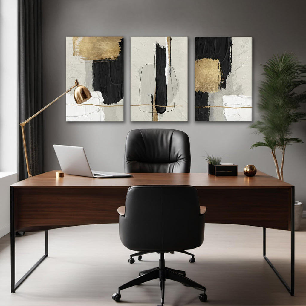 Abstract Brushstrokes Canvas Wall Art Black White Gold 16x24 inch x3