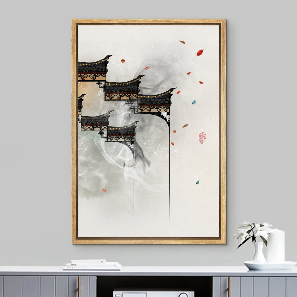 Framed Canvas Print Wall Geometric Chinese Style Leaves & Architecture Nature Wilderness Illustrations Modern Rustic