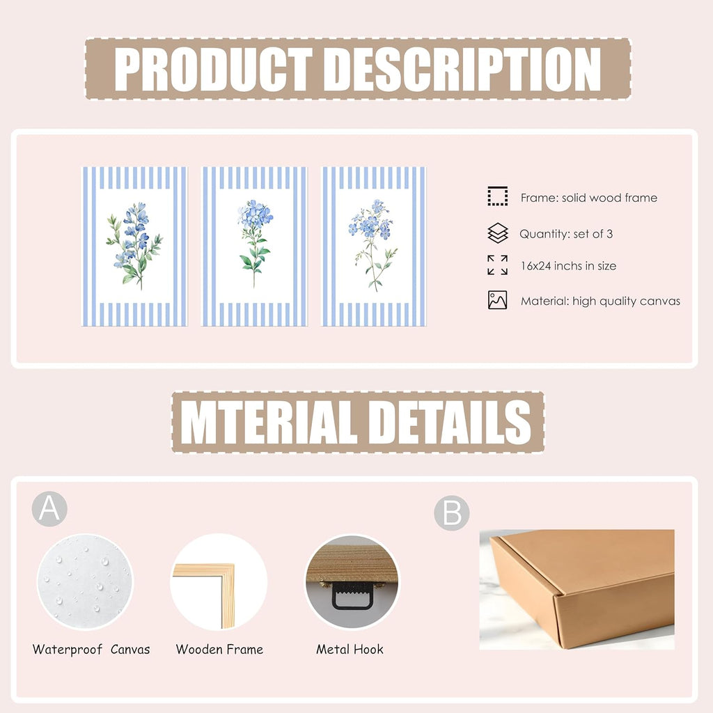 Rustic Blue and White Striped Canvas Floral Wall Art Prints Set of 3, Retro Cottagecore Botanical Flower Posters