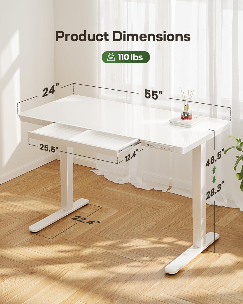 Glass Standing Desk, 55 x 28 Inch Electric Standing Desk, White