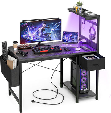 Gaming Desk 40 Inch with Power Outlet and LED Light, Computer Desk with Reversible Shelves and Storage Drawer, Pc