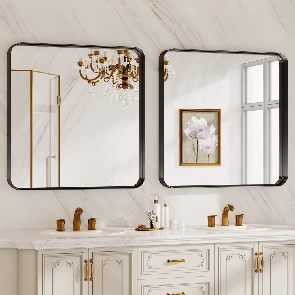 Bathroom Mirror for Wall, 30 Inch Square Mirror, Matte Black Metal Framed
