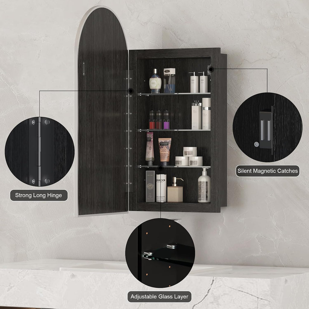 Recessed Medicine Cabinet,Arched Medicine Cabinet with Mirror | Brushed Nickel Metal Edge,3 Adjustable Glass