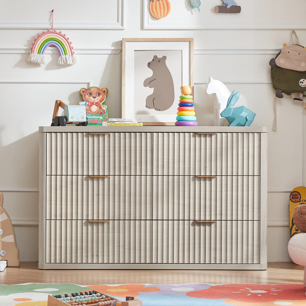 Fluted 6 Drawers Dresser Set of 2, 48" Wide Modern Chest of Drawers with Metal Handle, Light Grey Curved Profile