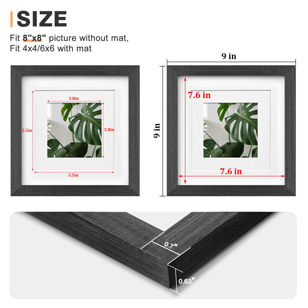 8x8 Picture Frames Made of Solid Wood with Plexiglass, Display Pictures 4x4/6x6 with Mat or 8x8 Without Mat Set of 4