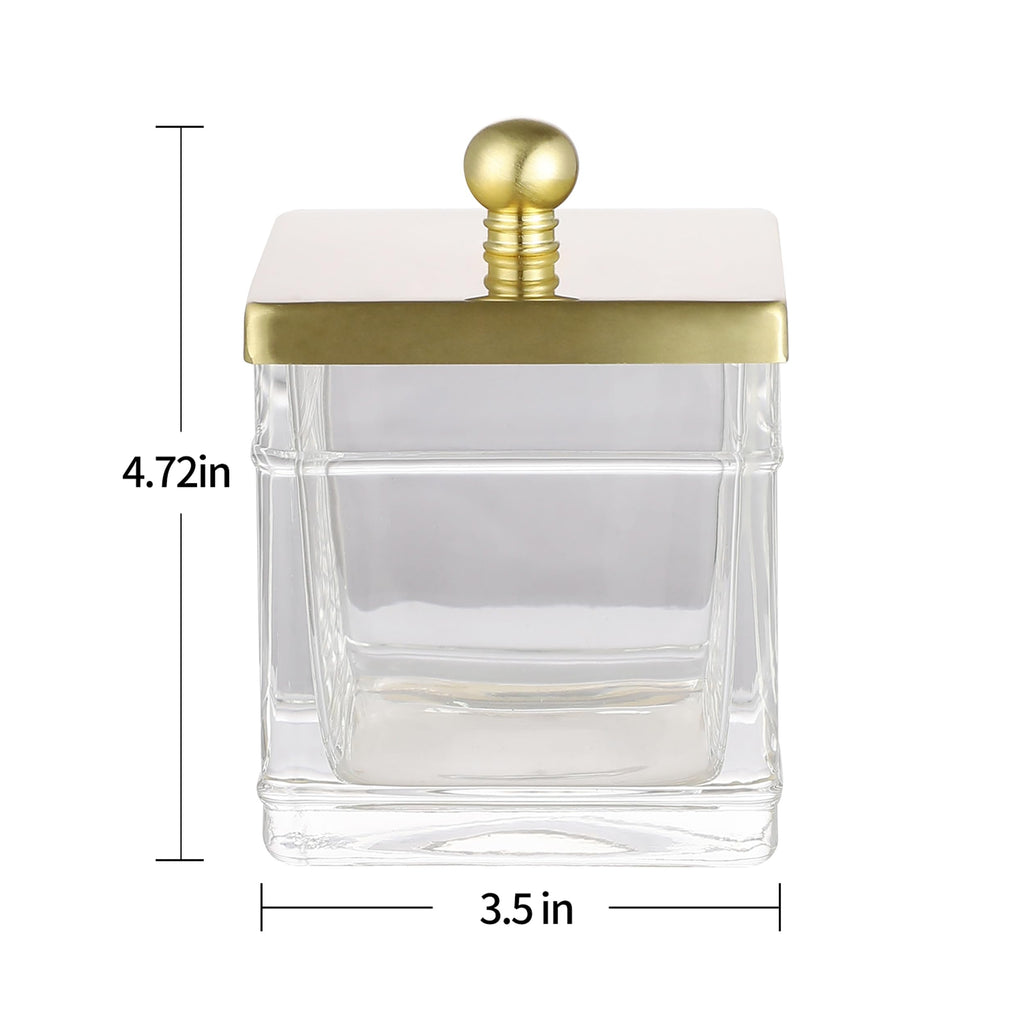 Glass Cotton Jar Holder 2 Pack- Brushed Gold Lid, Elegant Bathroom Storage Canister for Qtips, Cotton Balls, Floss