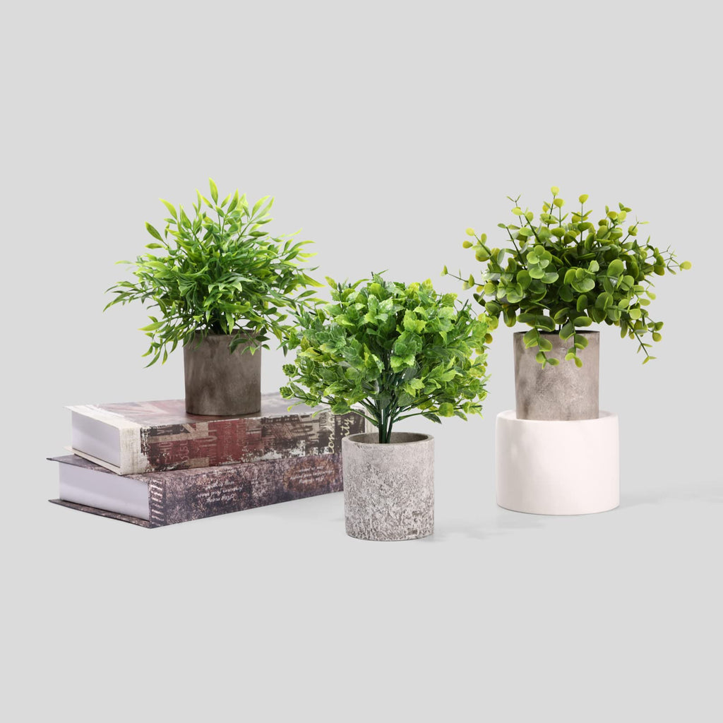 Decorative Artificial Plants in Pots Set of 3-Mini Potted Fake Plants in Pots, Plastic Eucalyptus Plants, Bamboo, Turtle
