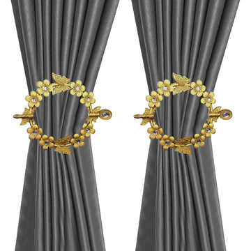 Gold Curtain Tieback, Round Drapery Holdback, Flower Butterfly - 2pcs