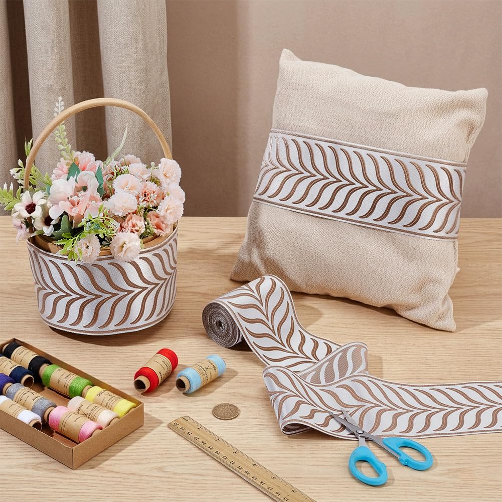 5M Jacquard Ribbon Trim 3.4 Inch Leaf Striped Jacquard Polyester Ribbons Camel Leaf Jacquard Woven - 5.5 Yards