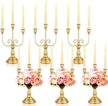 6 Pcs Gold Candelabra Candle Stand Metal Candlestick Holder 3 Arm 12 Wedding Candlestick Holder for Theme Party Table