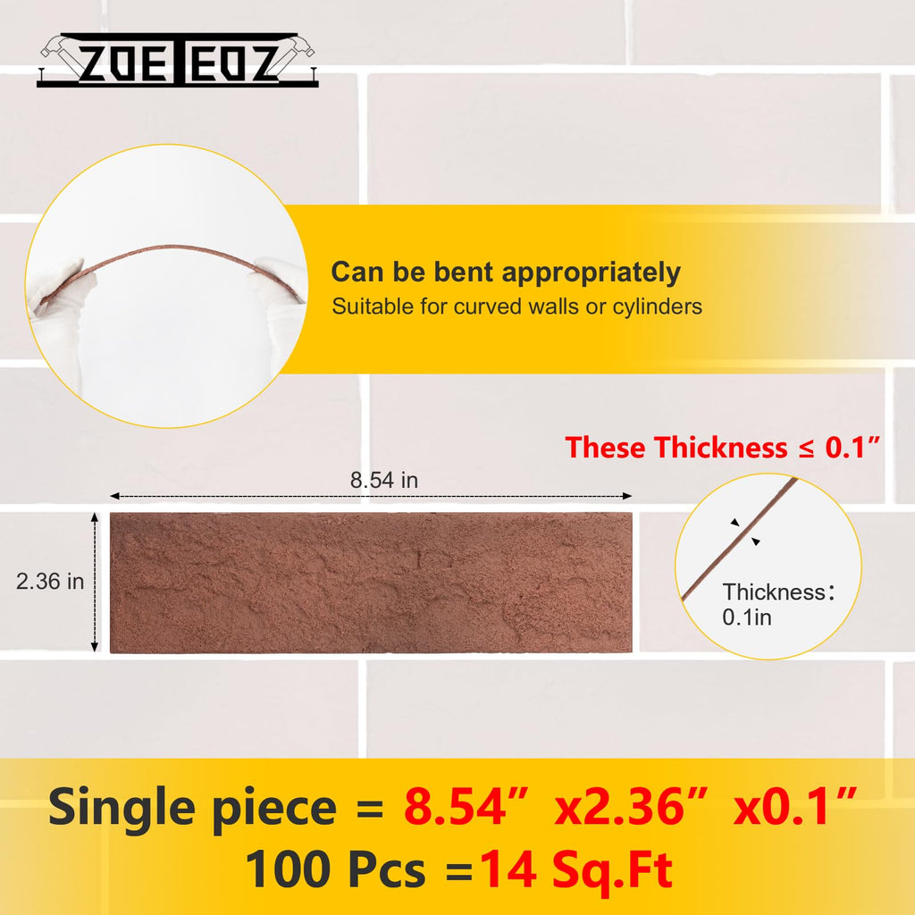 100 Pcs Vintage Red Faux Thin Brick Tiles Veneers, Inorganic Modified Clay, 14 Sq.Ft, Interior Wall Decor Backsplash