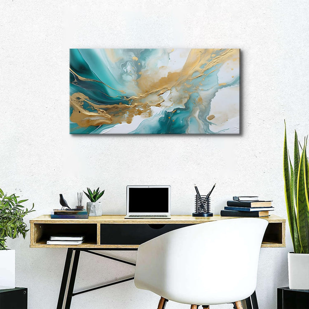 Abstract Teal Canvas Wall Art Marble Canvas Picture Turquoise Wall Decor Watercolor Teal and Gold Fluid Textured