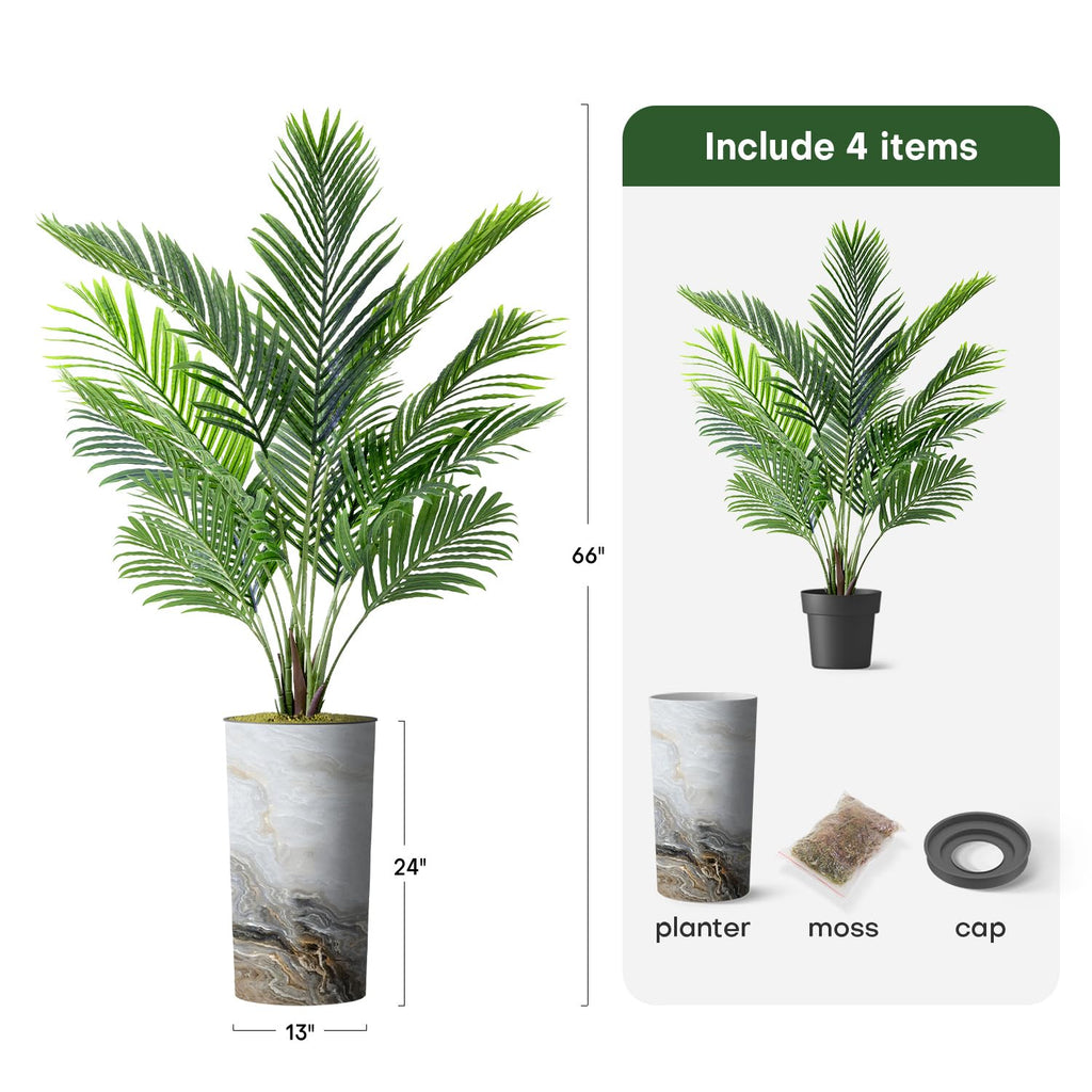 Artificial Tree in Modern Granite Effect Planter, Fake Areca Tropical Palm Silk Tree for Indoor and Outdoor Home