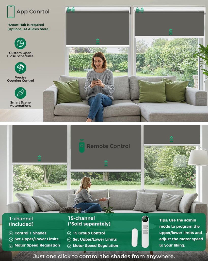 Motorized Blinds with Remote | Automatic Blackout Roller Shades, Easy Install & Smart Control Electric Blinds (Smoky