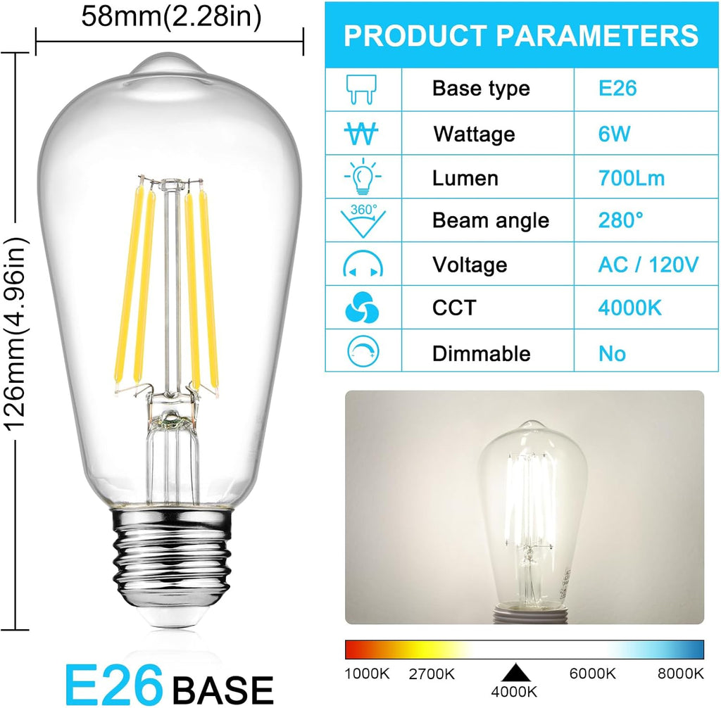 LED Edison Bulbs 6W, Equivalent 60W, High Brightness Cool White 4000K, 700 Lumens, ST58 Vintage LED Filament Bulbs
