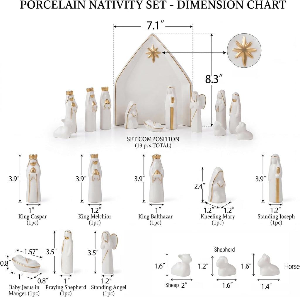 Ceramic 13Pcs Nativity Scene Set with Gold Trim