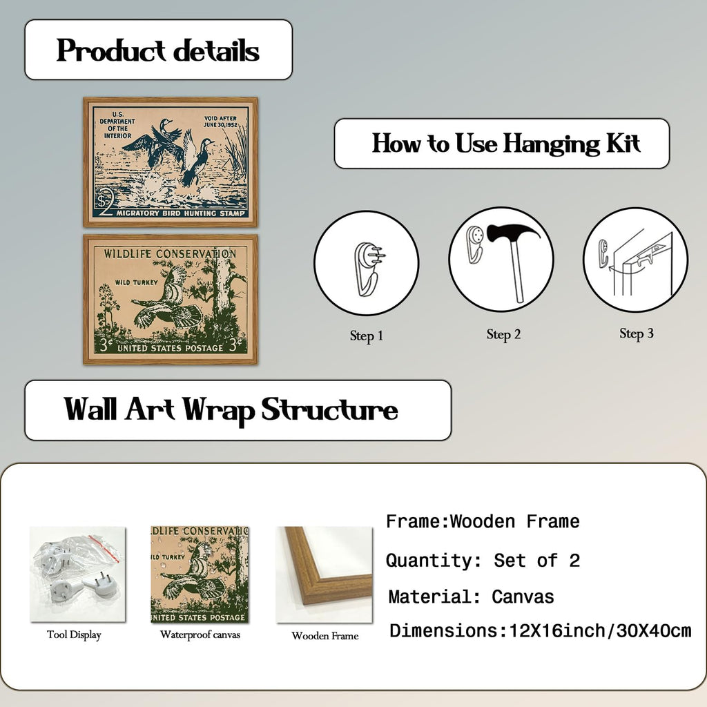 Framed Vintage Wildlife Stamp Wall Art Set of 2, Retro Conservation Duck and Wild Turkey Pictures Wall Decor, Rustic