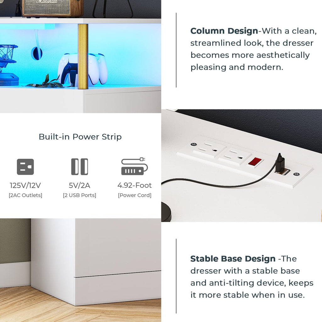 White with Column Design, 4 Drawer with Charging Station, Modern Bedroom Led Tall Closet