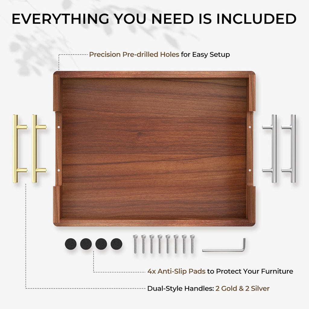 Acacia Wood Serving Tray with 2 Sets of Handles (Gold & Silver) - 17" Large Wooden Tray for Ottoman Coffee Table