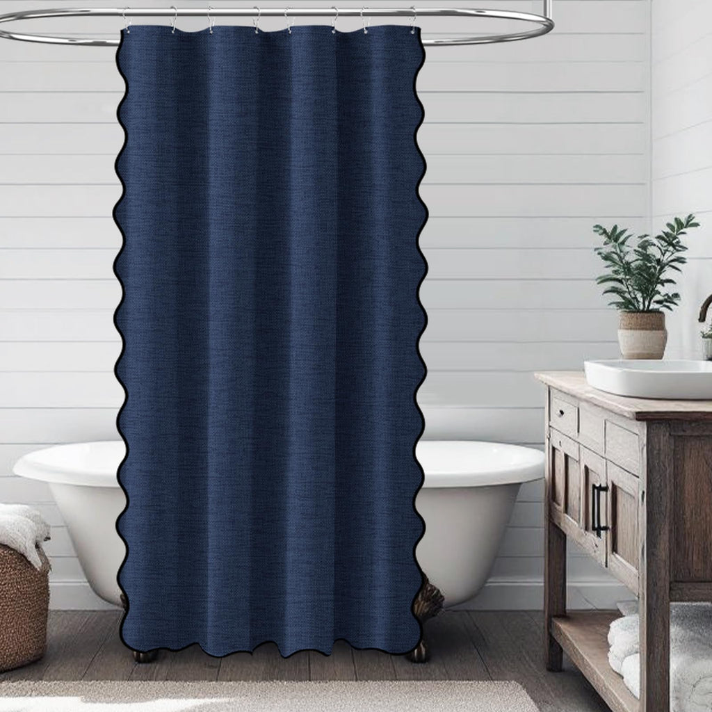 48x72 Boho Scalloped Linen Textured Cloth Shower Curtain, Navy Blue