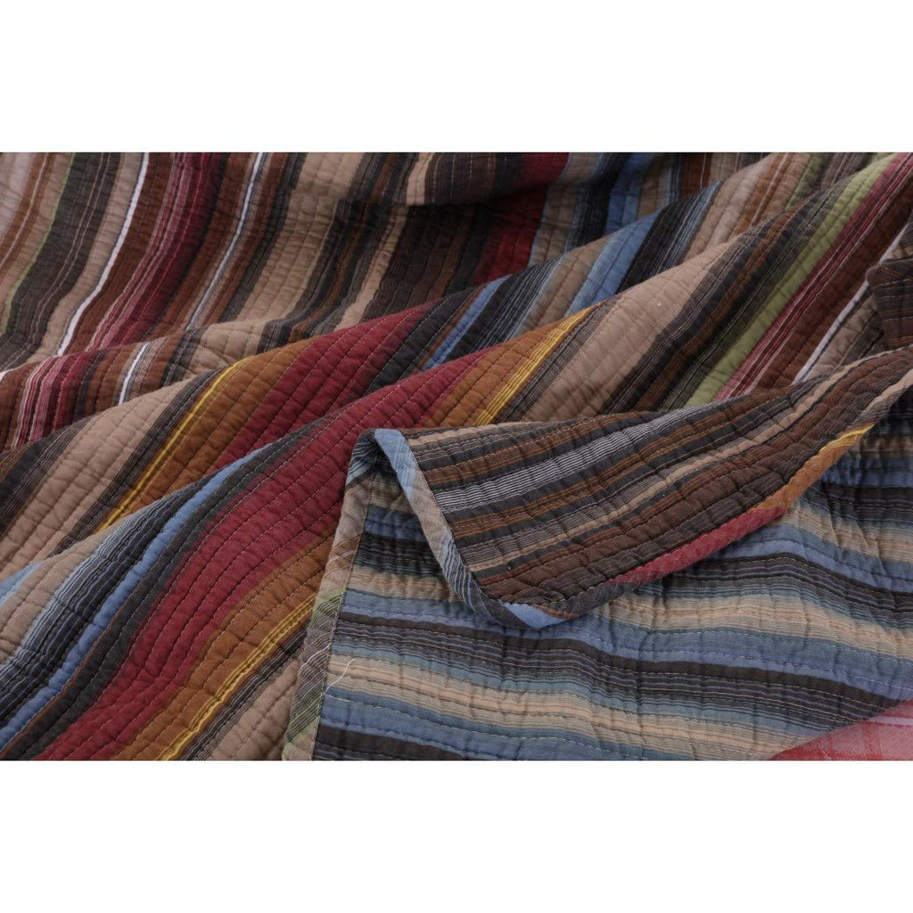 DH 3 Piece Brown Tan Red Stripe Southwest Bedding Full Queen Set, Tribal Native Striped Quilt Vertical Bohemian