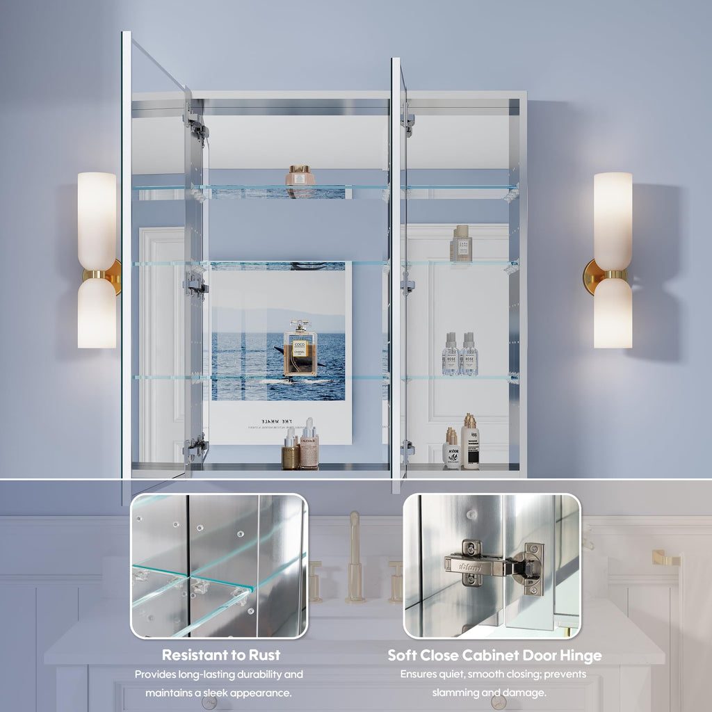 32" x 36" Bathroom Medicine Cabinet with Mirror, Anodized Chrome Aluminum Frame, Surface Mount or Recessed Medicine