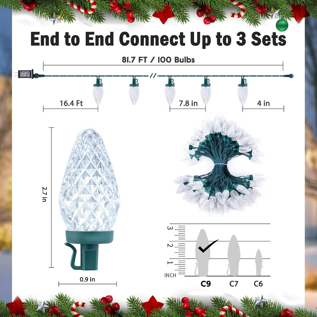 C9 LED Christmas Lights Outdoor, 81FT 100 LED C9 String Lights, Waterproof, Connectable, 8 Modes, with Timer & Memory