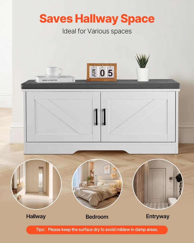 Shoe Storage Bench with Padded Cushion & 2 Barn Doors, Entryway Bench 39.4 x 14.0 x 18.1 Inches