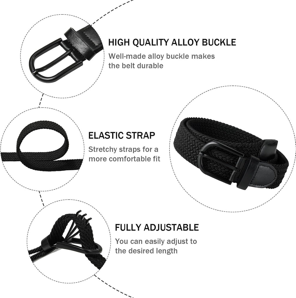 Boys Elastic Braided Belt - Black Buckle Stretch Woven Golf Belt