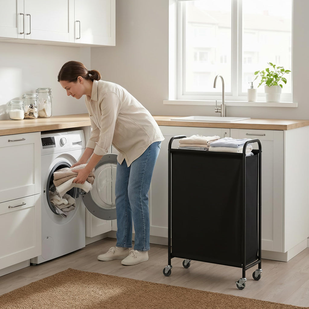 Laundry Hamper, Slim Basket with Wheels and Handles, Black, 80L