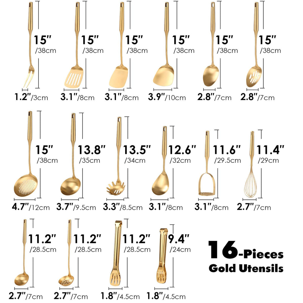 Gold Cooking Utensils Set - 16 PCS All Metal Small and Large Spoons Set