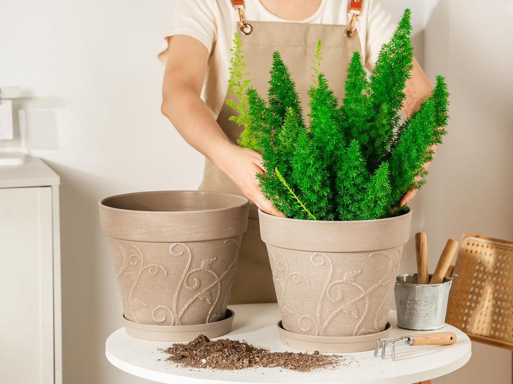 Plant Pots Indoor with Drainage & Saucer, 2Pack 10 inch Flower Pots Outdoor Planters for Indoor Plants Garden Home